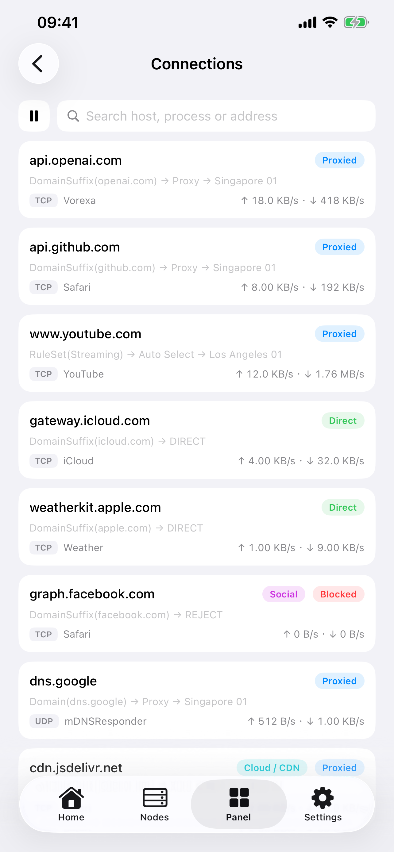 Active connection insights showing hosts, routes, processes, and live transfer speeds