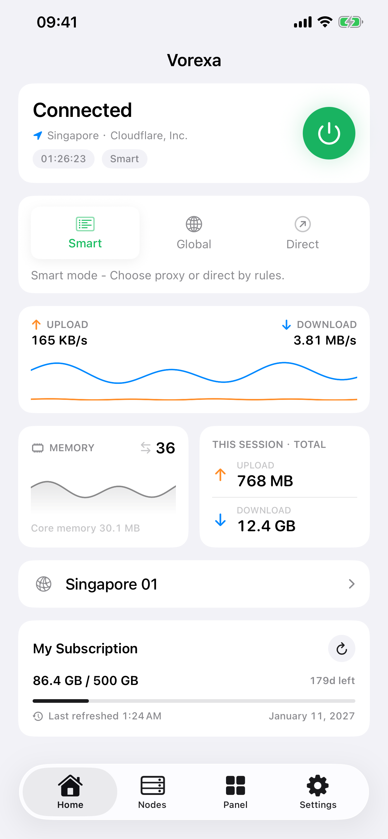 Vorexa home dashboard showing connection status, traffic speed, memory, and subscription usage