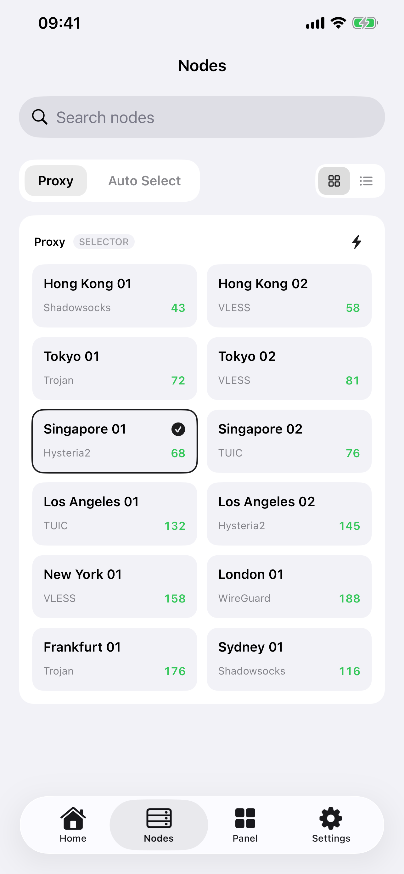 Vorexa node grid with locations, protocols, and latency values