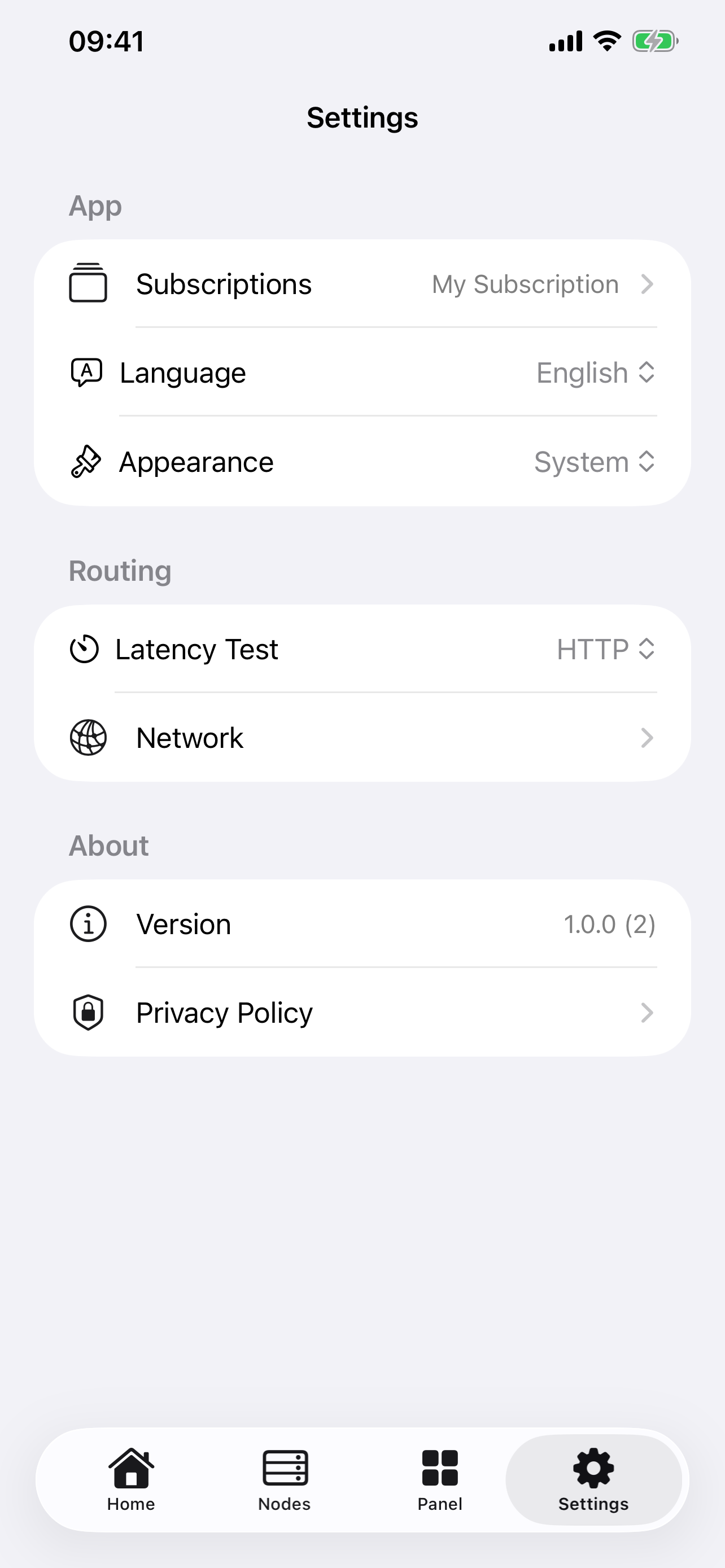 Vorexa settings for subscriptions, language, appearance, latency testing, and network preferences